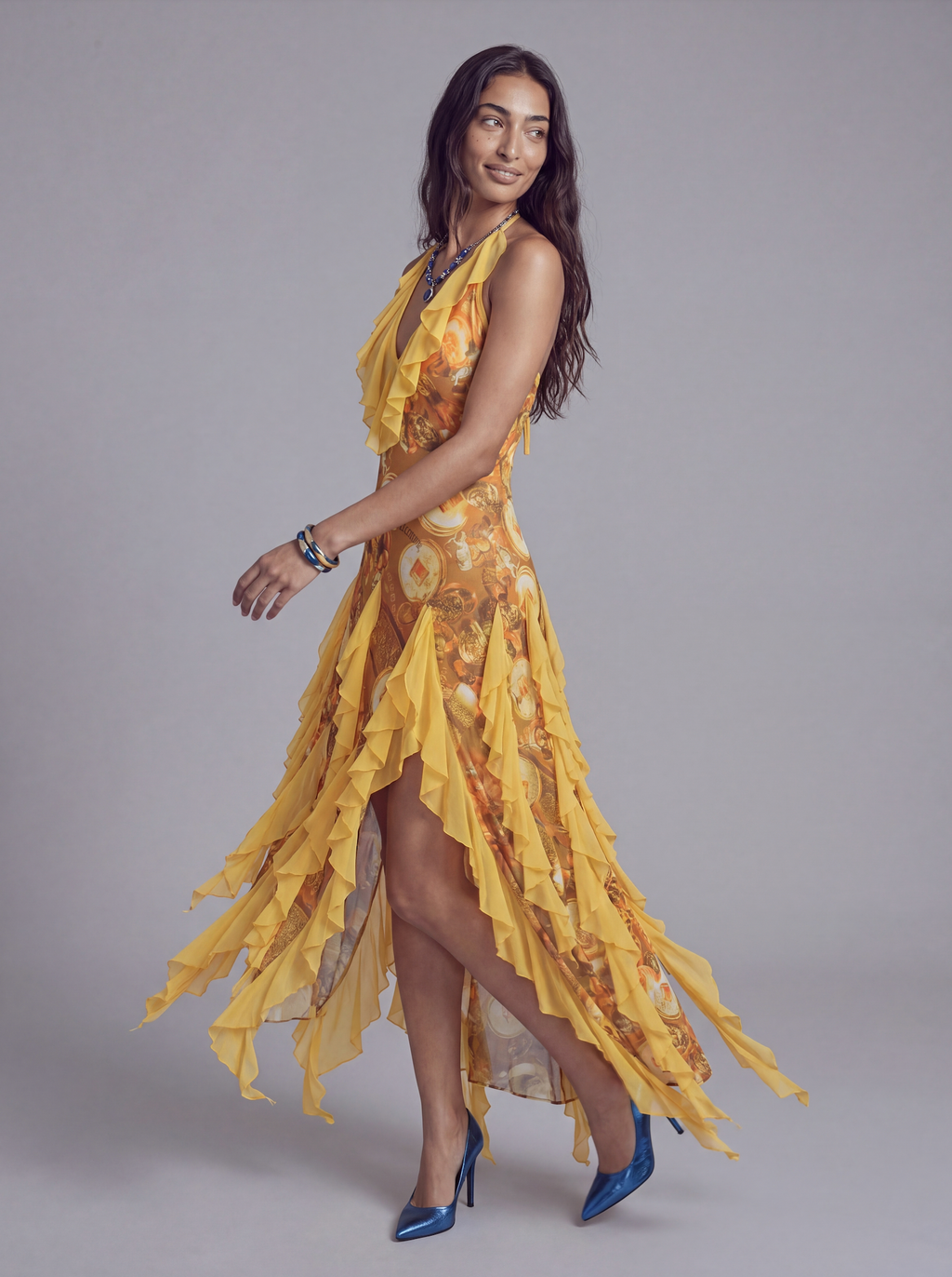 Ruffle Trim High Low Halter Dress with Sheer Layered Panels and Printed Satin Body