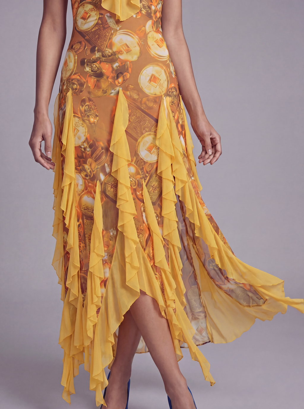 Ruffle Trim High Low Halter Dress with Sheer Layered Panels and Printed Satin Body