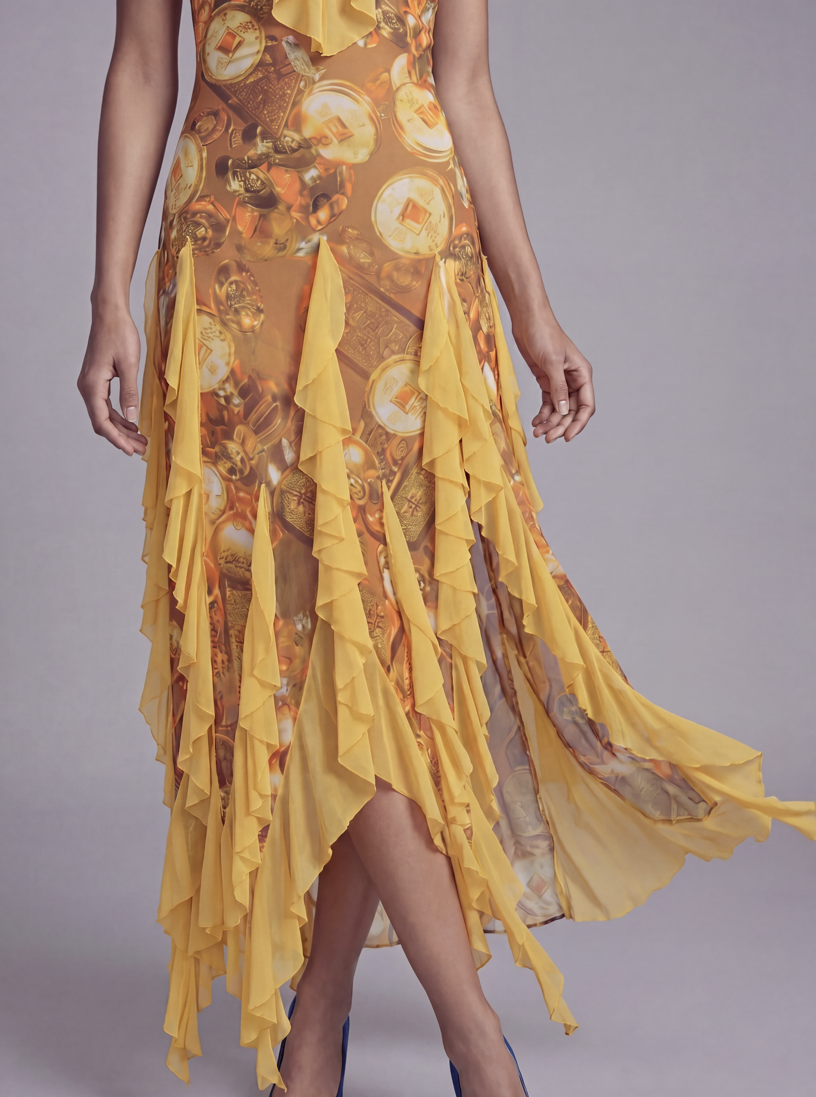 Ruffle Trim High Low Halter Dress with Sheer Layered Panels and Printed Satin Body