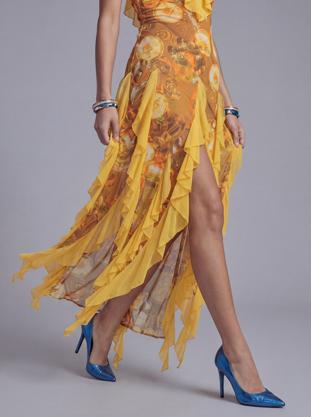 Ruffle Trim High Low Halter Dress with Sheer Layered Panels and Printed Satin Body