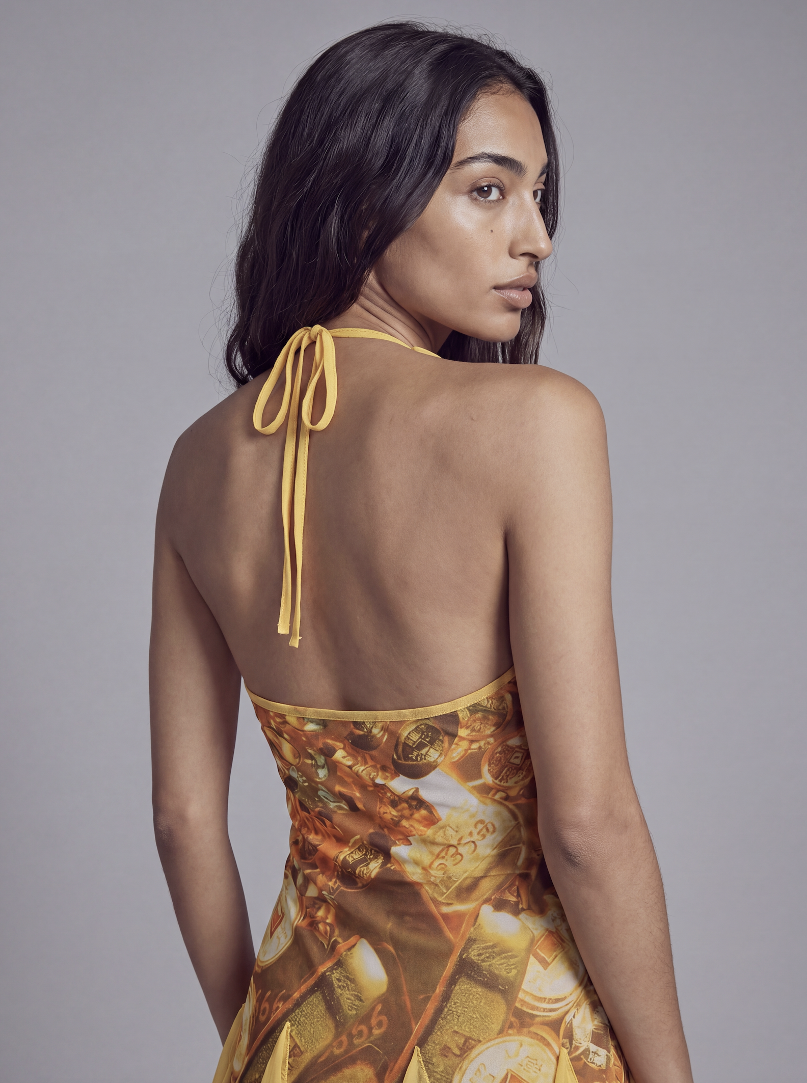 Ruffle Trim High Low Halter Dress with Sheer Layered Panels and Printed Satin Body