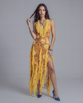 Ruffle Trim High Low Halter Dress with Sheer Layered Panels and Printed Satin Body