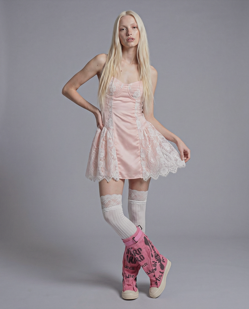 Lace Panel Mini Dress with Satin Bodice and Flared Sheer Skirt