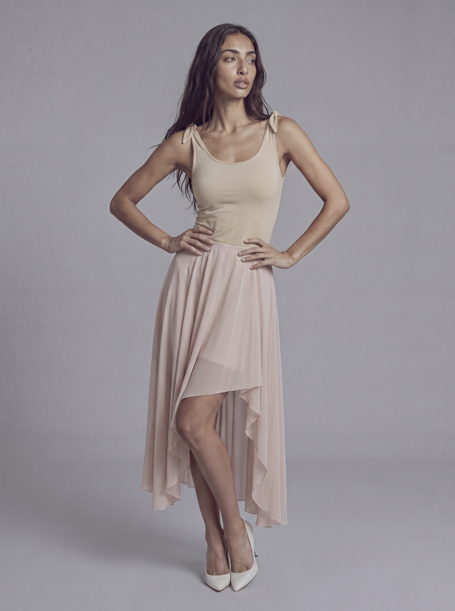 Asymmetric Chiffon Midi Dress with Tie Shoulder Straps and Layered Sheer Skirt