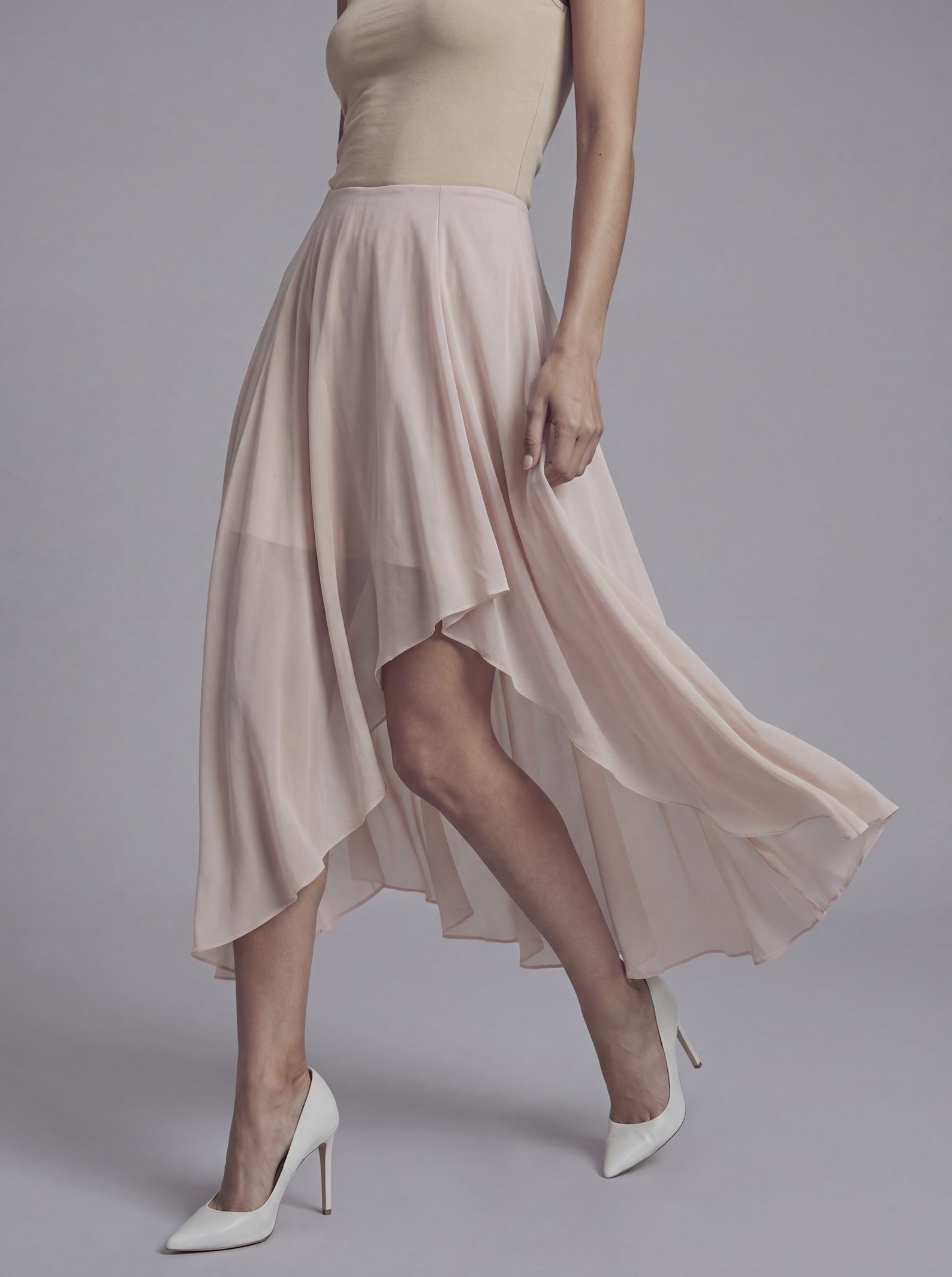 Asymmetric Chiffon Midi Dress with Tie Shoulder Straps and Layered Sheer Skirt