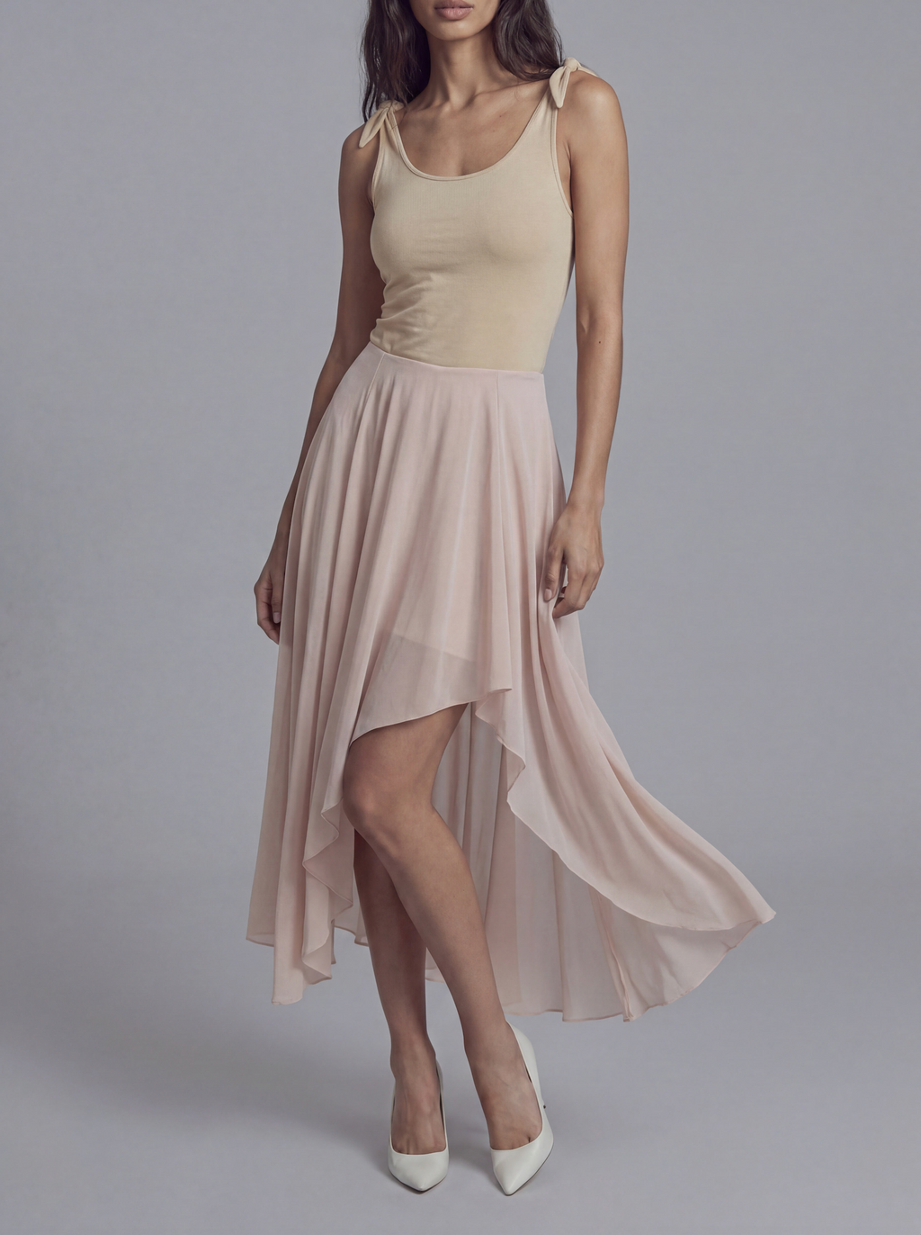 Asymmetric Chiffon Midi Dress with Tie Shoulder Straps and Layered Sheer Skirt