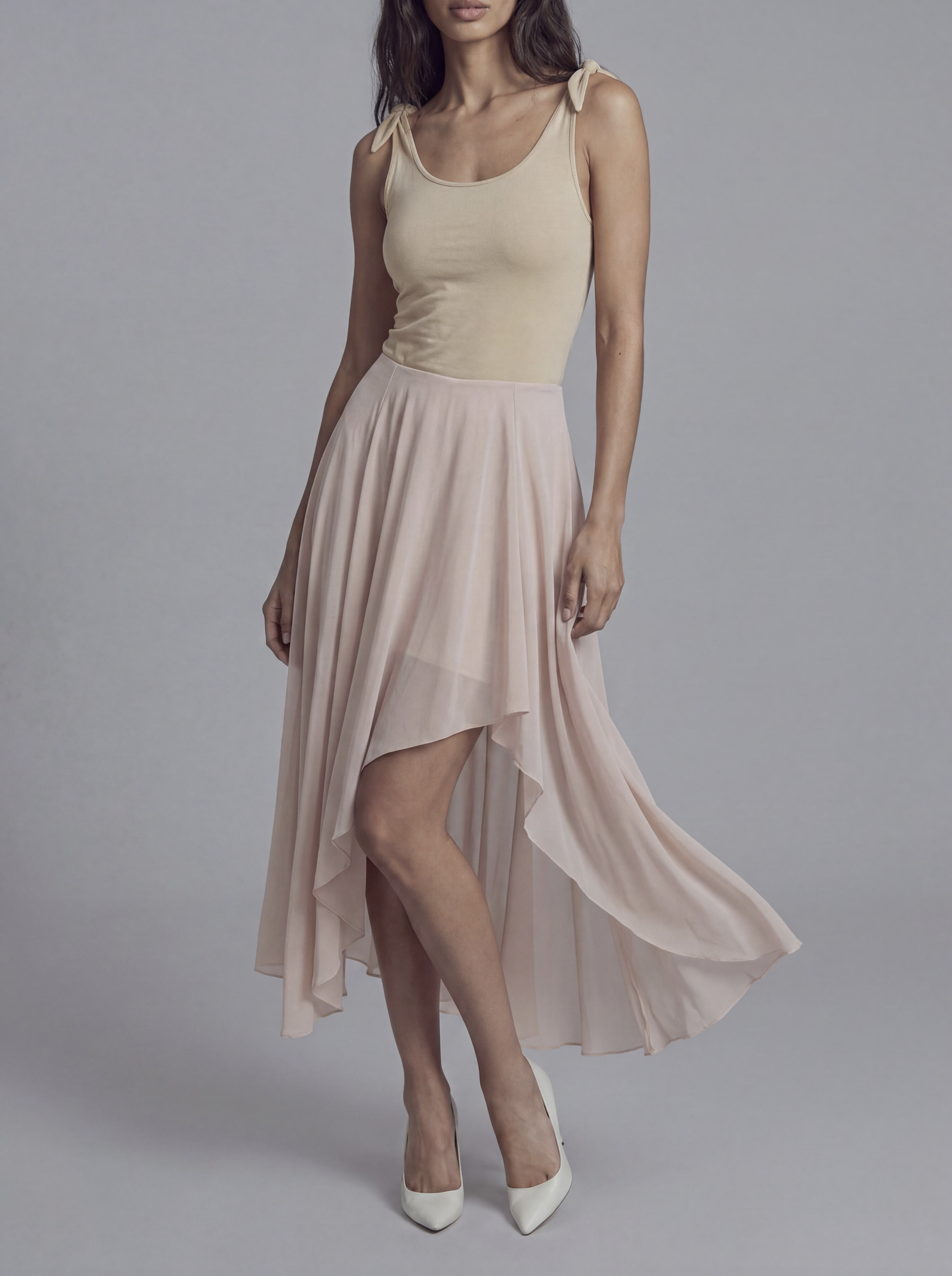 Asymmetric Chiffon Midi Dress with Tie Shoulder Straps and Layered Sheer Skirt