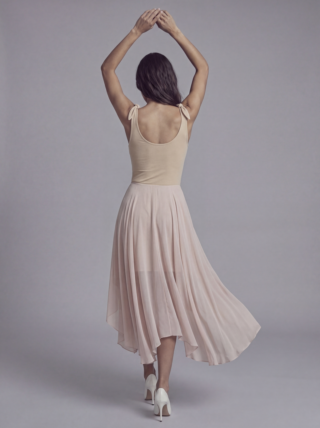 Asymmetric Chiffon Midi Dress with Tie Shoulder Straps and Layered Sheer Skirt