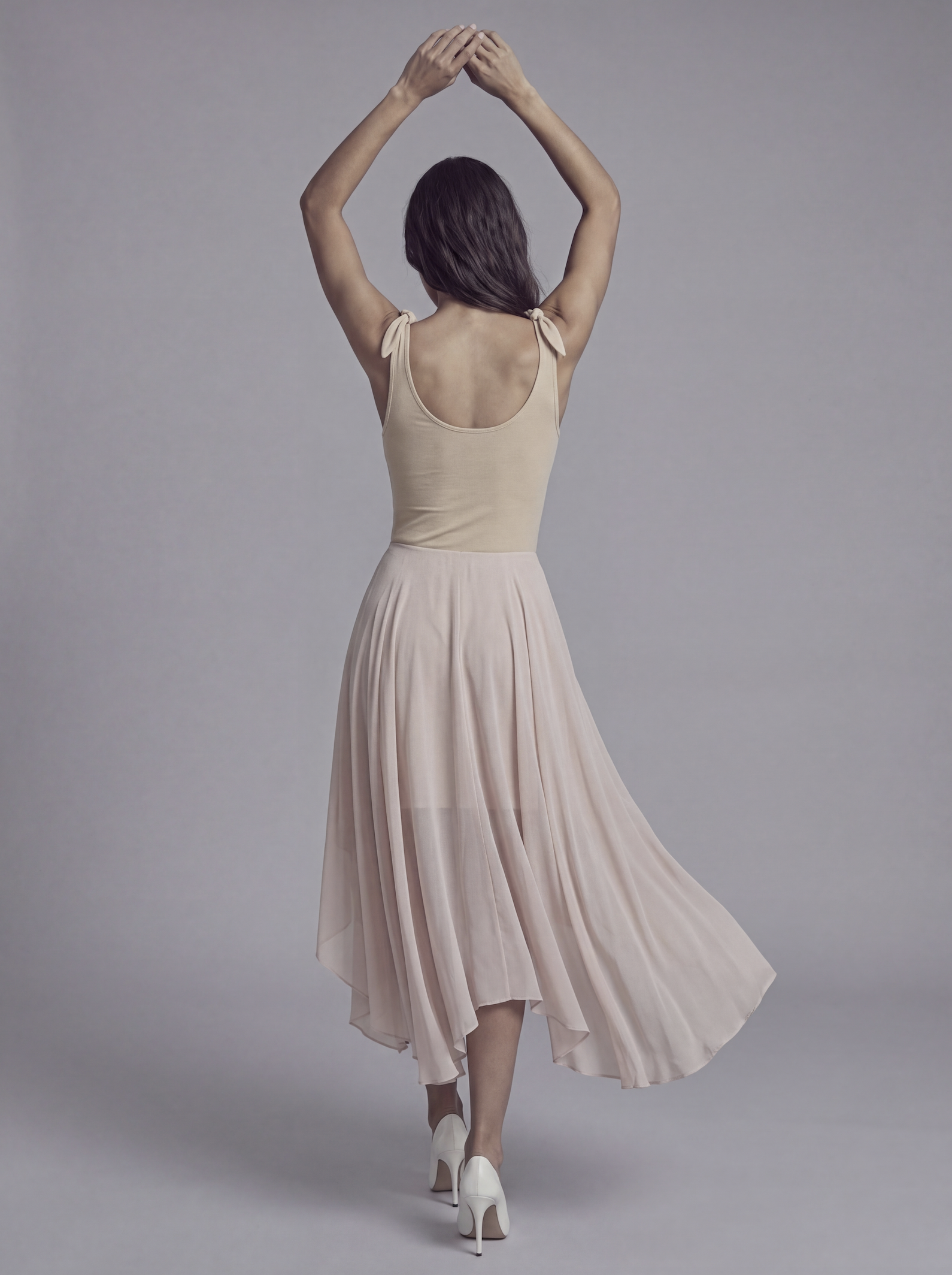 Asymmetric Chiffon Midi Dress with Tie Shoulder Straps and Layered Sheer Skirt