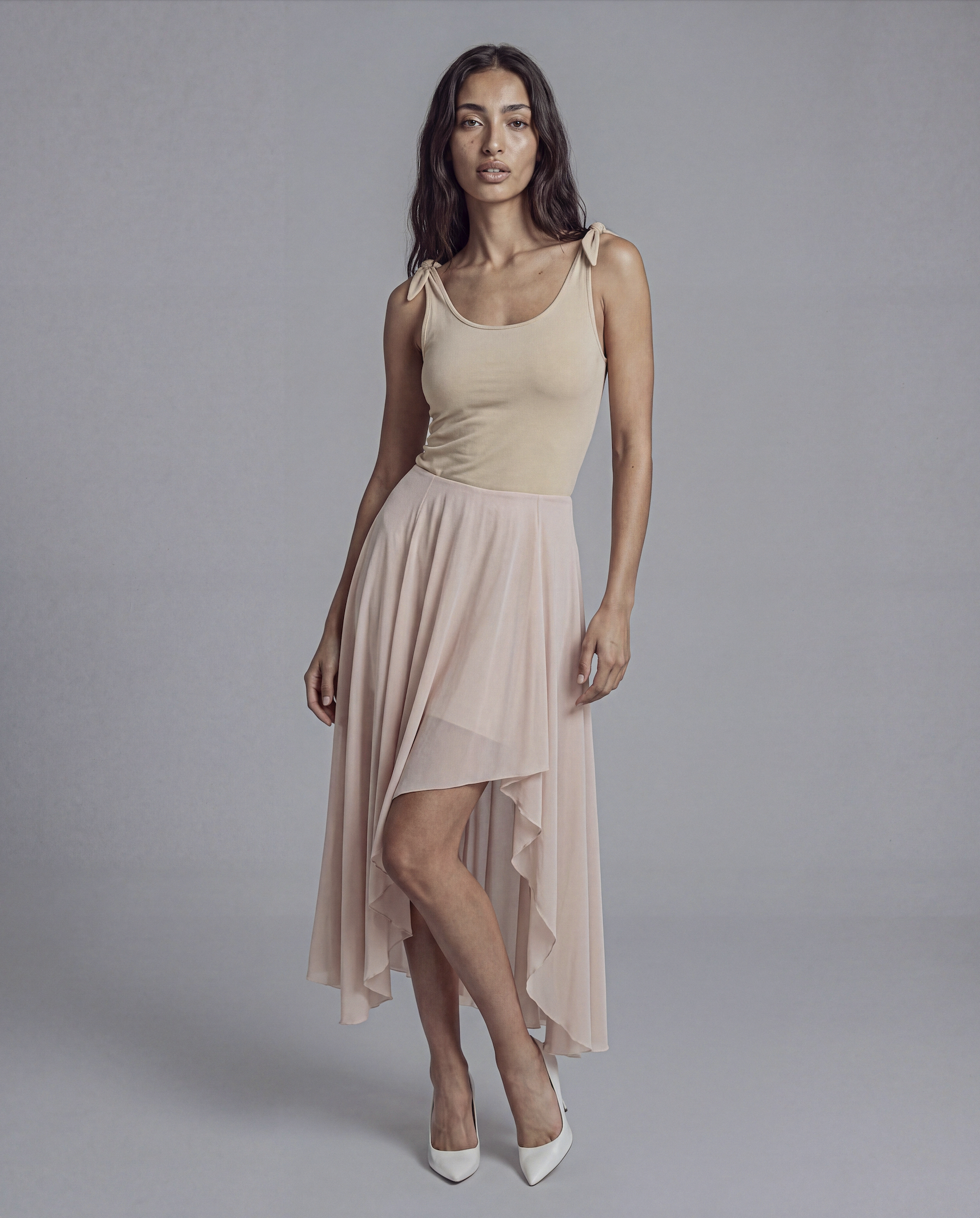 Asymmetric Chiffon Midi Dress with Tie Shoulder Straps and Layered Sheer Skirt