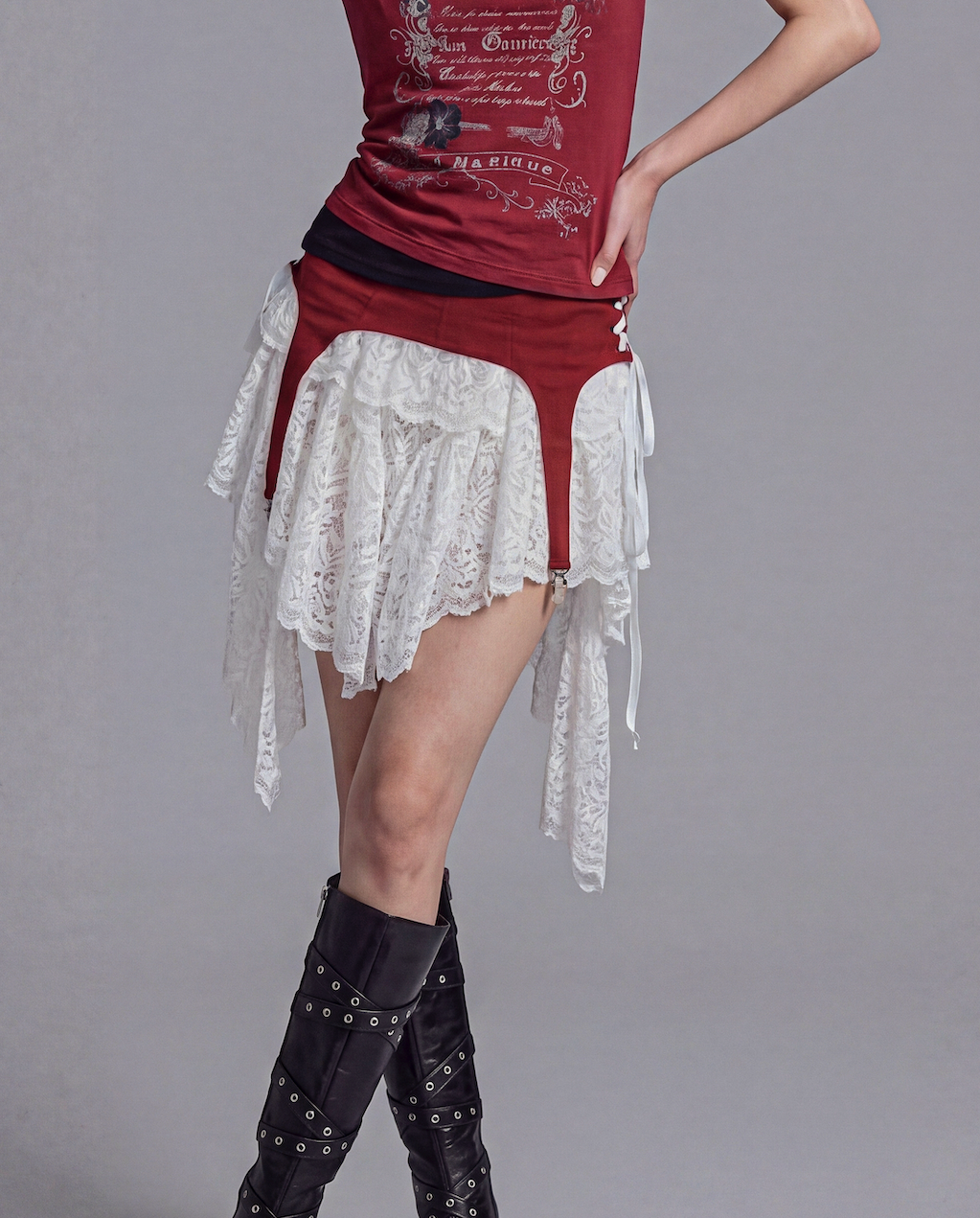 Lace Layered Mini Skirt with Corset Waist and Asymmetric Panels