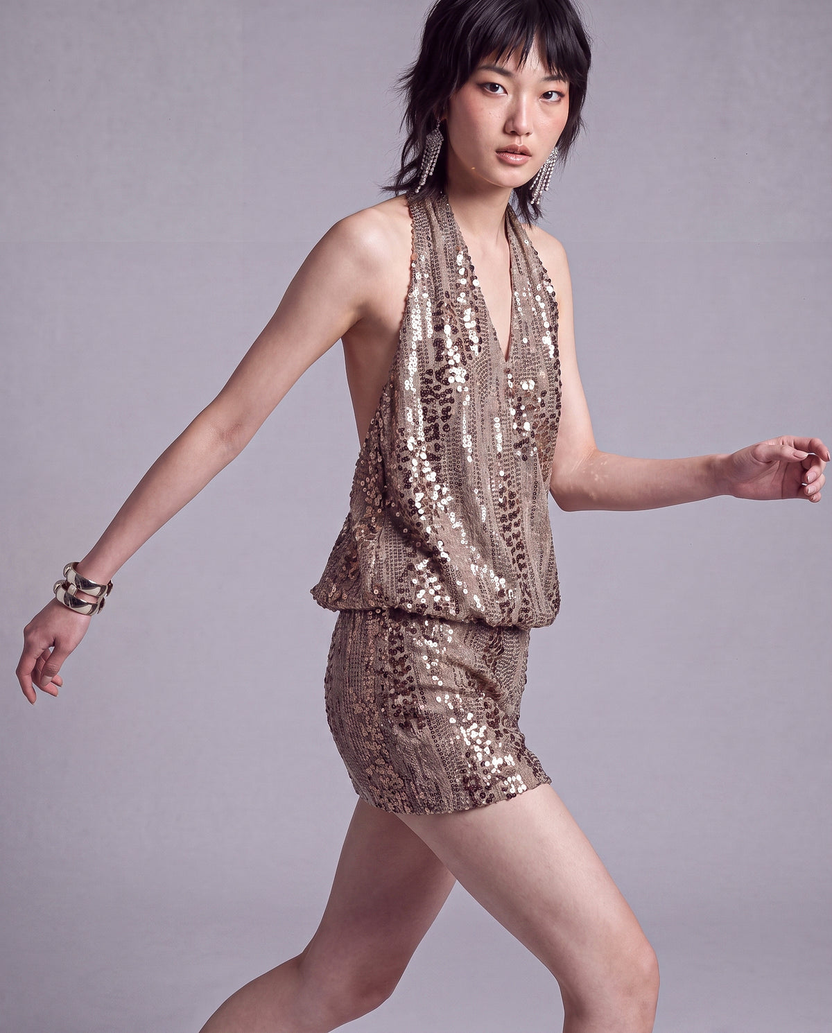 Sequined Halter Blouson Mini Dress with Open Back