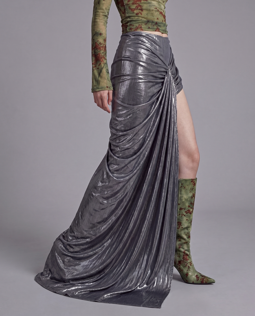 Metallic Draped High Slit Maxi Skirt with Gathered Front Detail