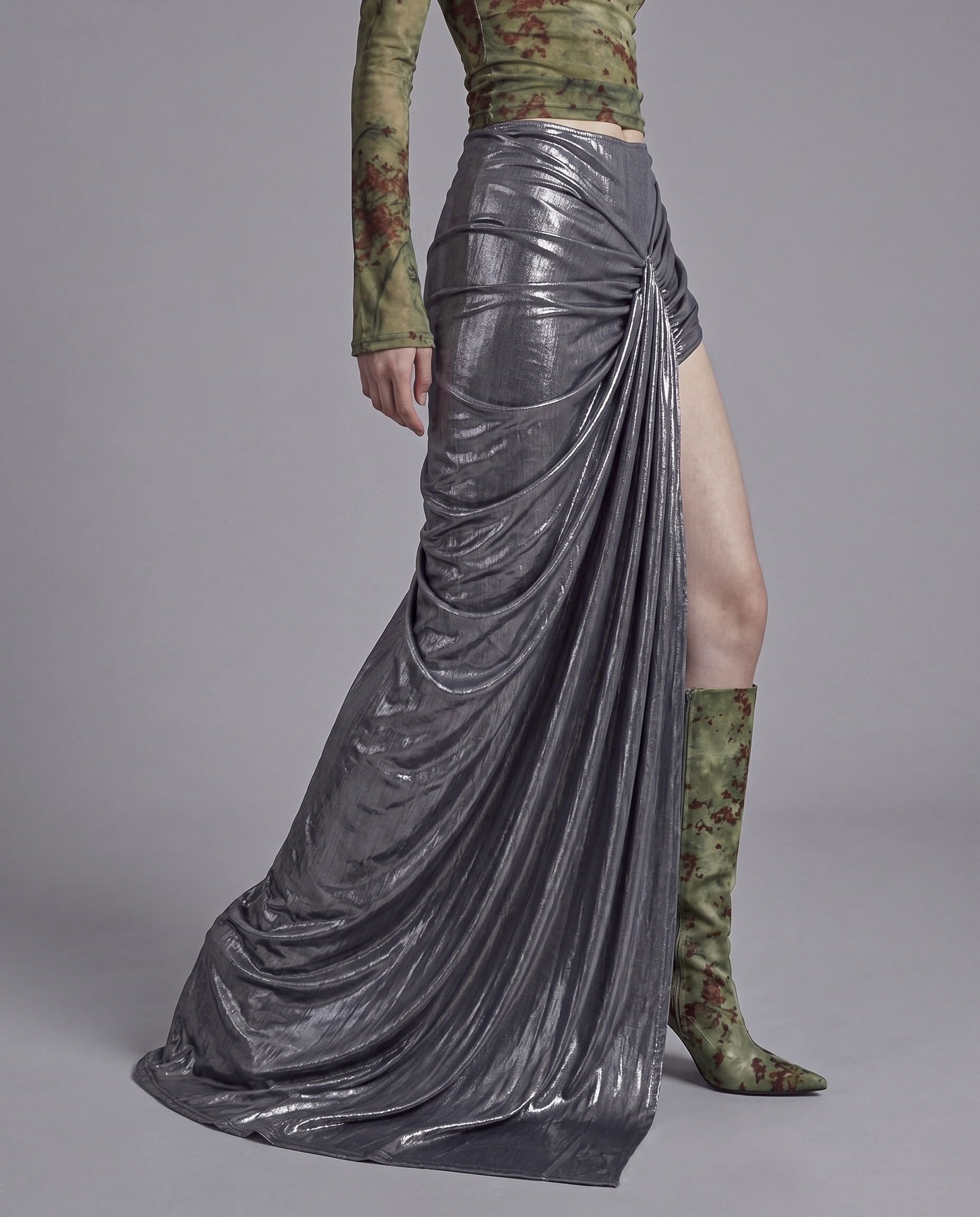Metallic Draped High Slit Maxi Skirt with Gathered Front Detail