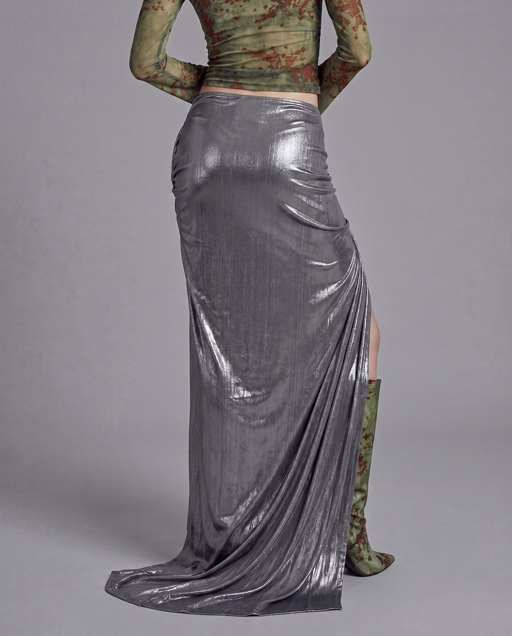 Metallic Draped High Slit Maxi Skirt with Gathered Front Detail