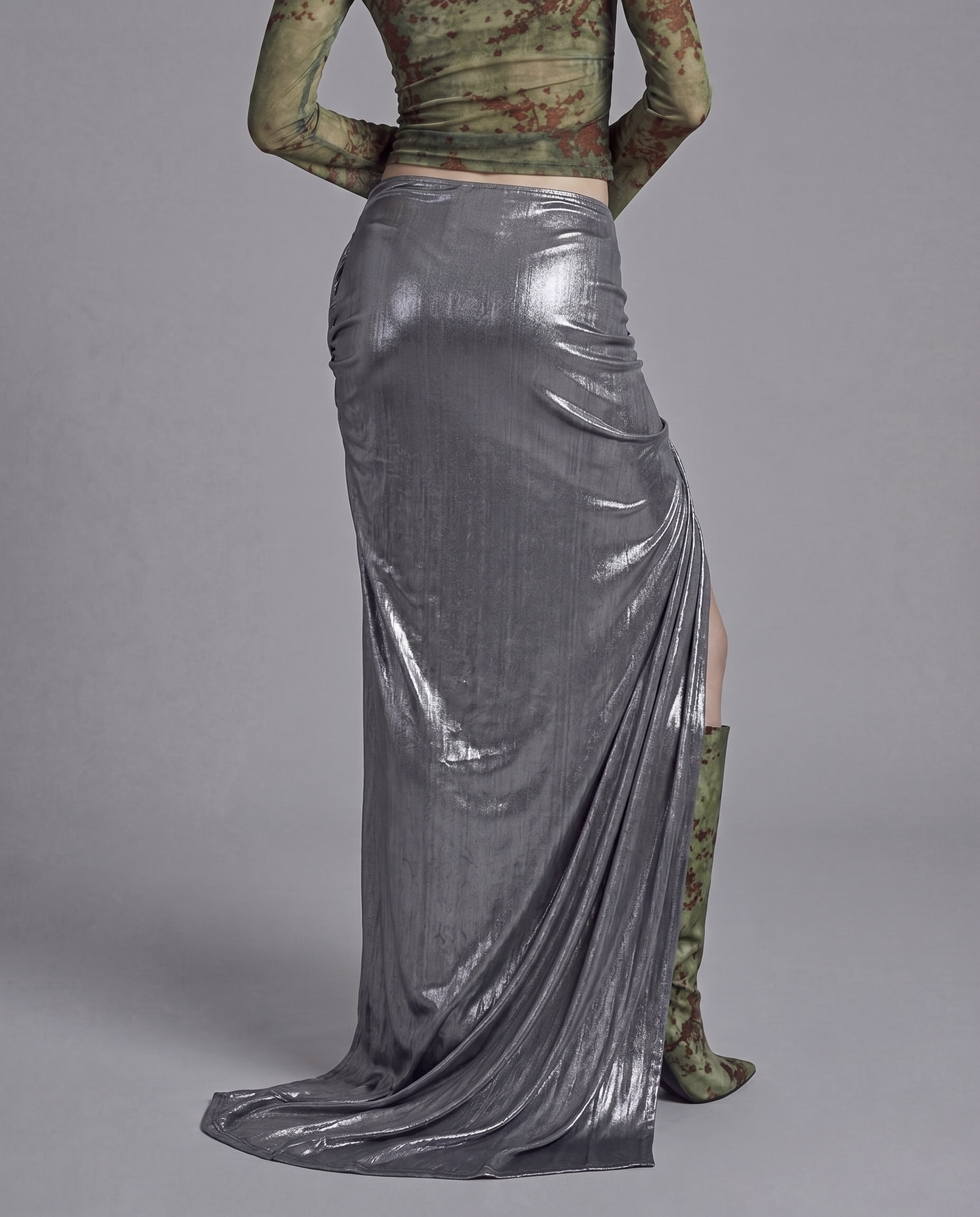 Metallic Draped High Slit Maxi Skirt with Gathered Front Detail