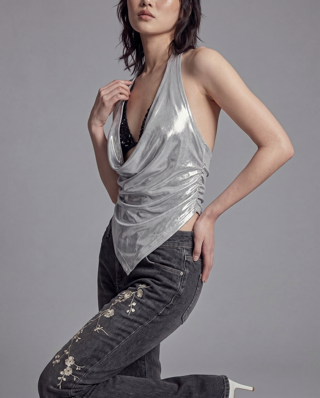Metallic Drape Halter Top