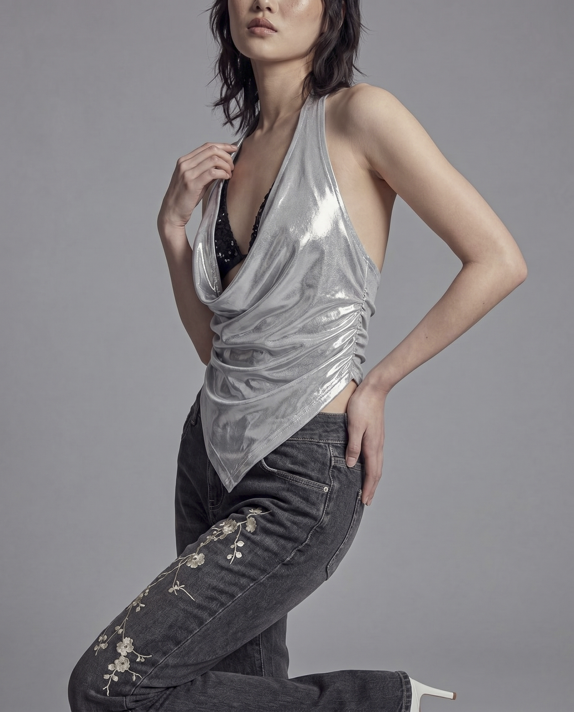 Metallic Drape Halter Top