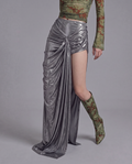 Metallic Draped High Slit Maxi Skirt with Gathered Front Detail