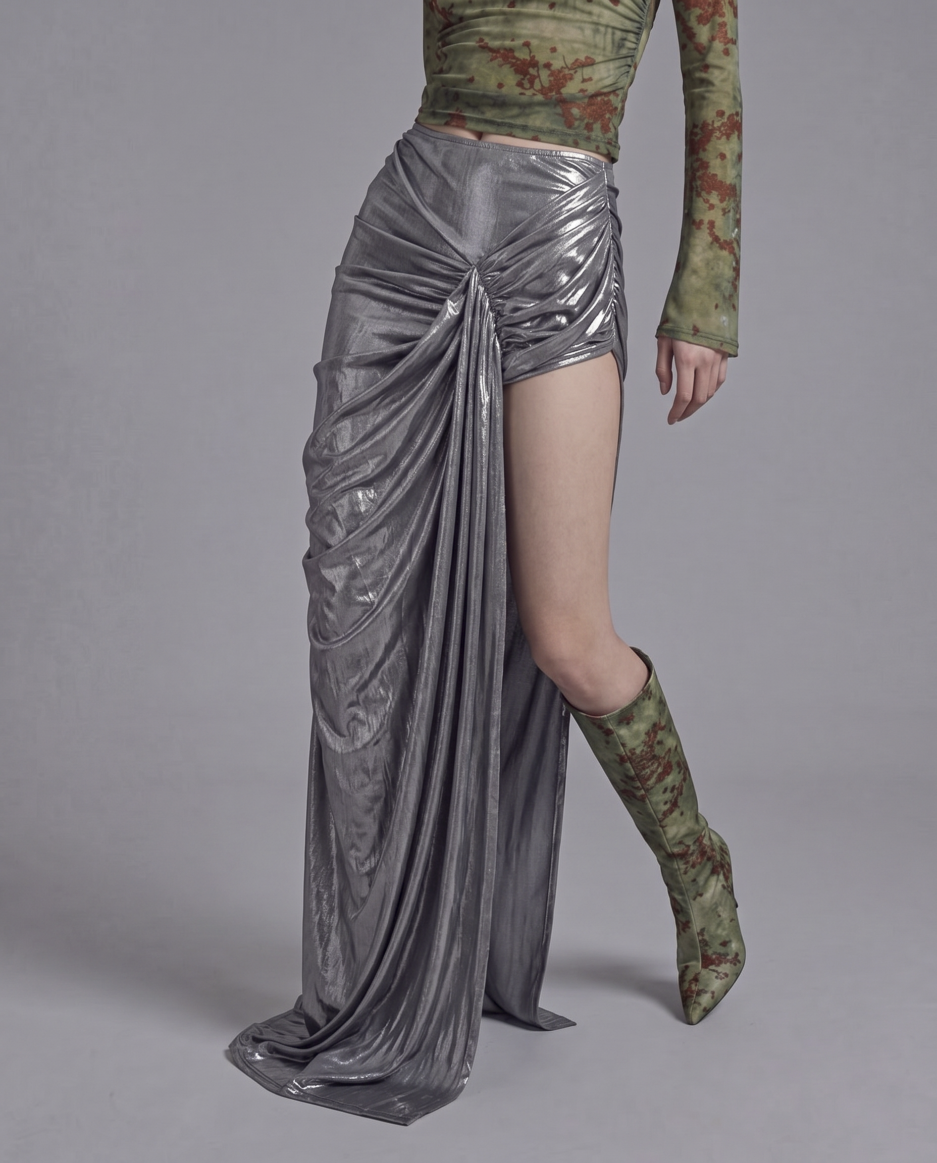 Metallic Draped High Slit Maxi Skirt with Gathered Front Detail