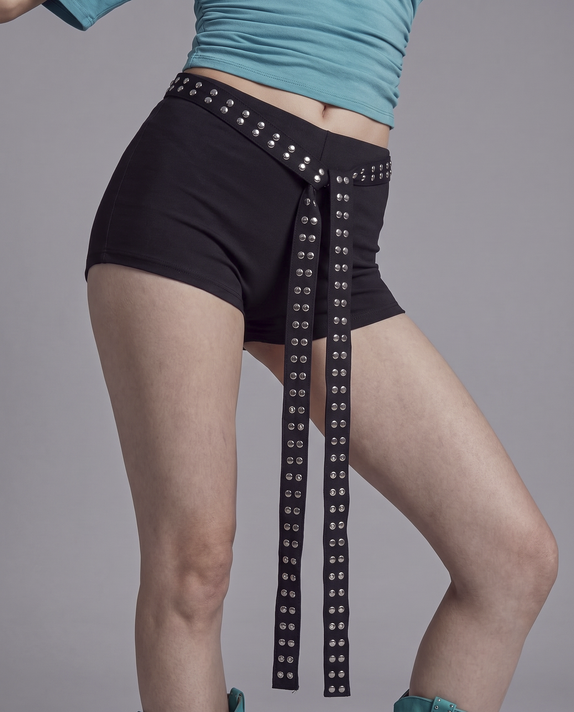 High Waist Stretch Mini Shorts with Studded Wrap Belt Detail