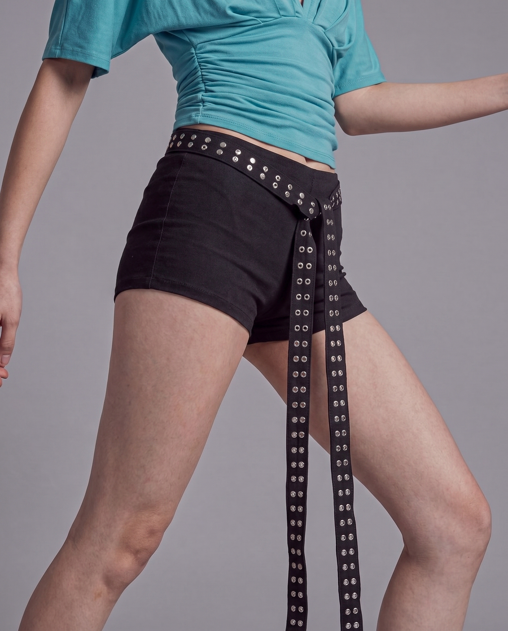 High Waist Stretch Mini Shorts with Studded Wrap Belt Detail