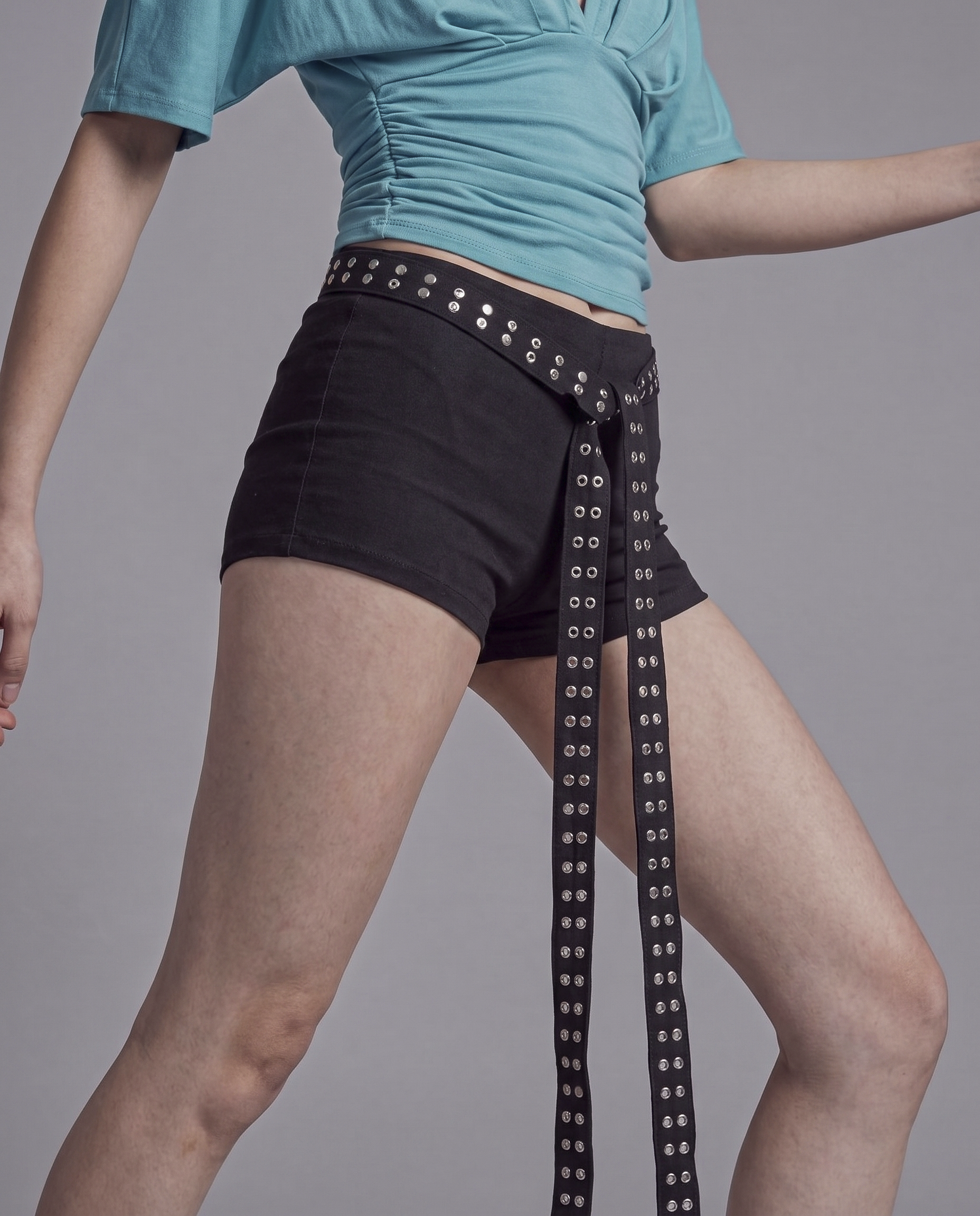 High Waist Stretch Mini Shorts with Studded Wrap Belt Detail