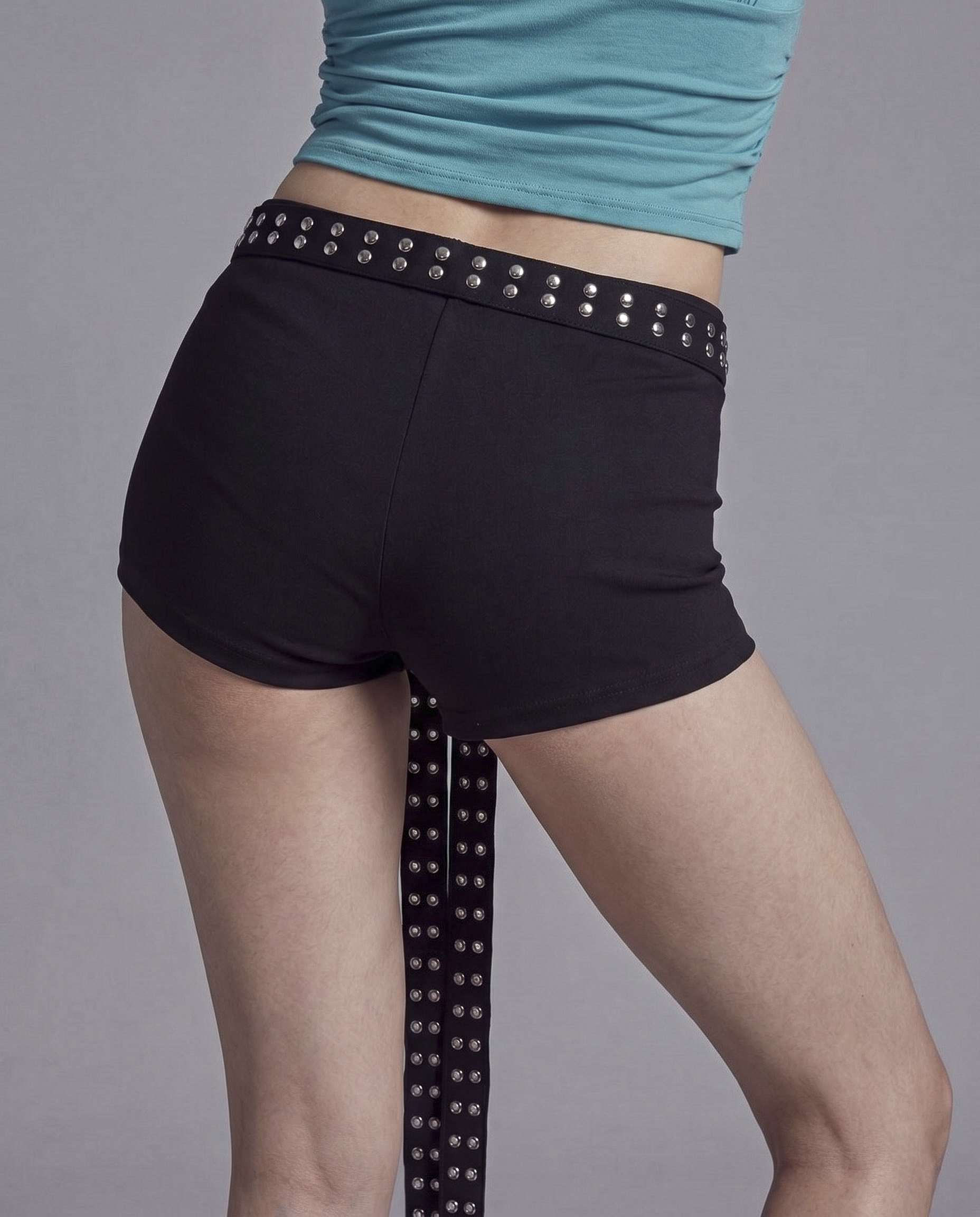 High Waist Stretch Mini Shorts with Studded Wrap Belt Detail