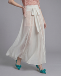 Sheer Lace Panel Pleated Maxi Skirt with Waist Tie Detail