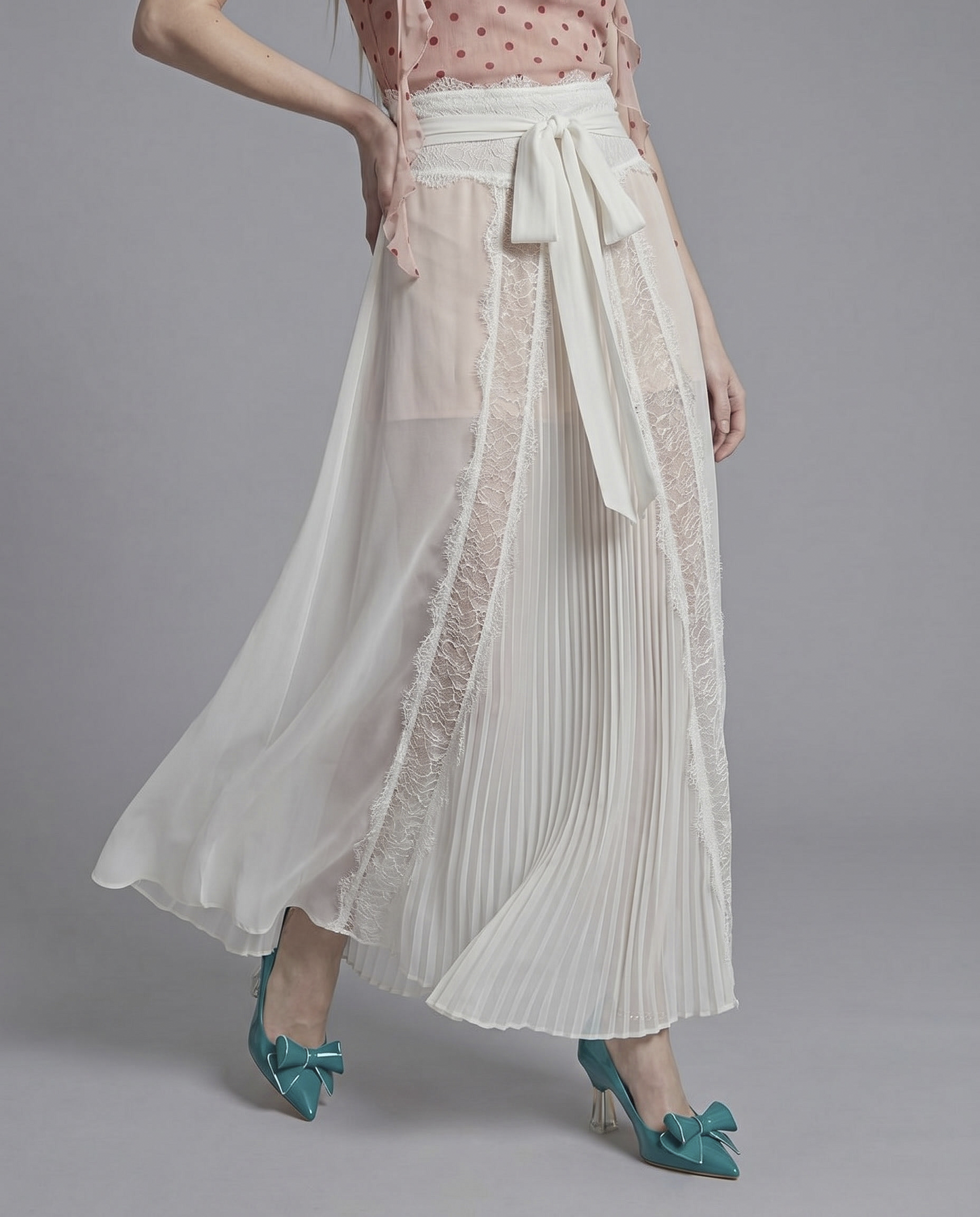 Sheer Lace Panel Pleated Maxi Skirt with Waist Tie Detail