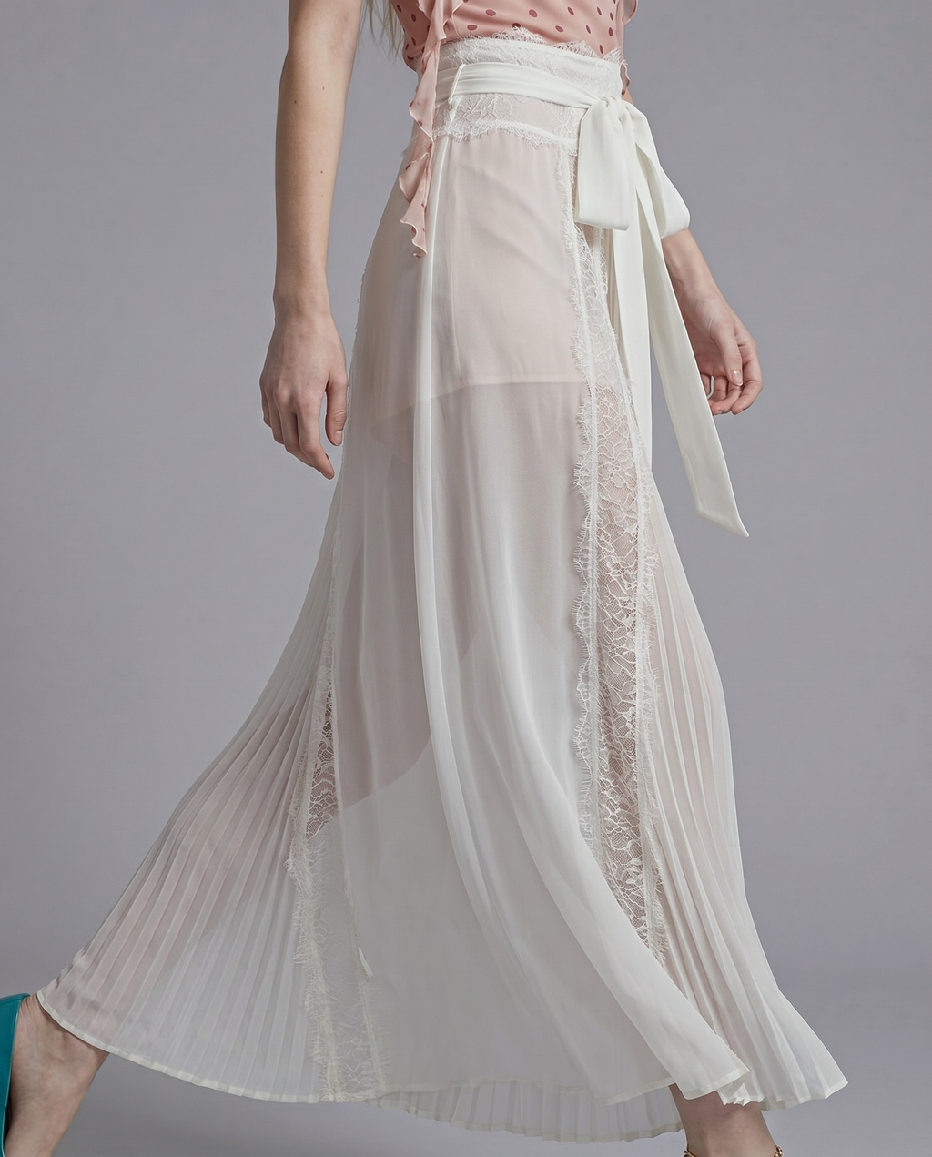Sheer Lace Panel Pleated Maxi Skirt with Waist Tie Detail