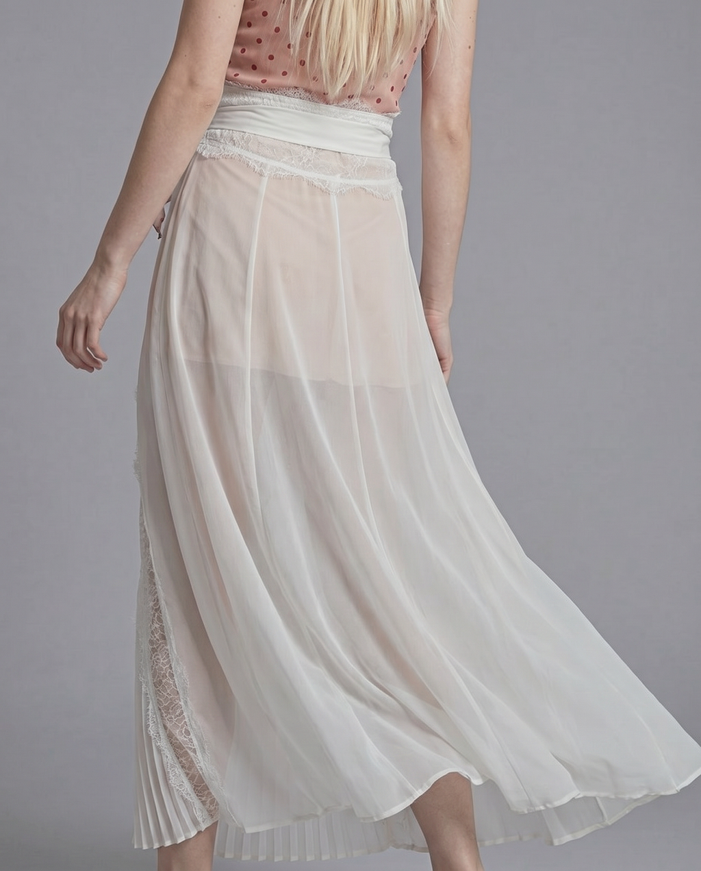 Sheer Lace Panel Pleated Maxi Skirt with Waist Tie Detail