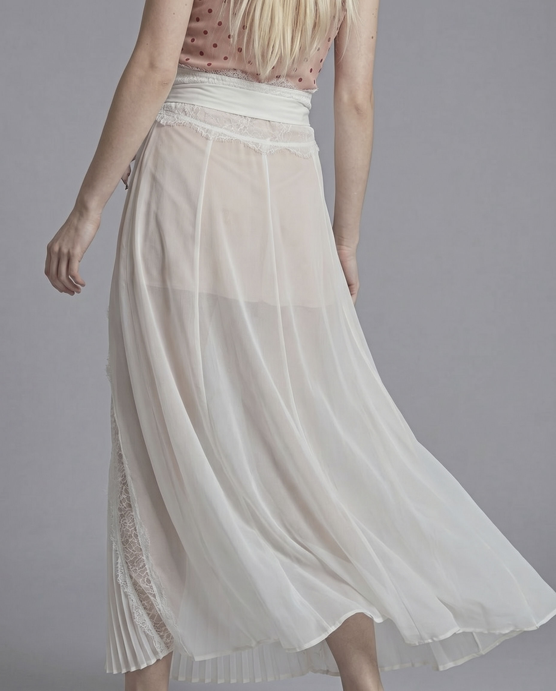 Sheer Lace Panel Pleated Maxi Skirt with Waist Tie Detail