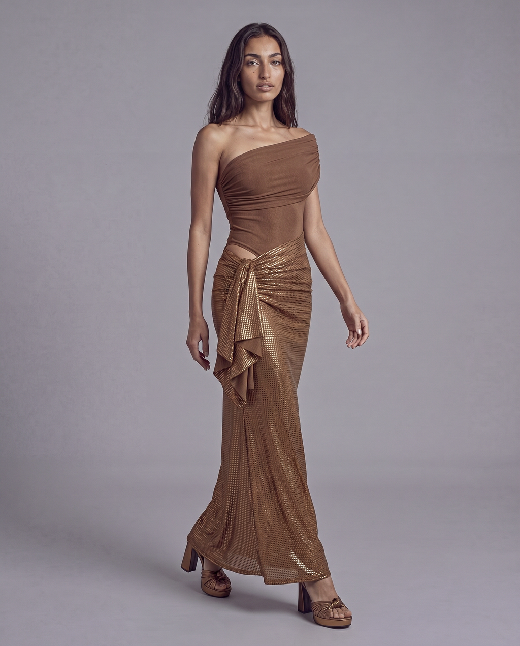 One Shoulder Ruched Maxi Dress with Metallic Wrap Skirt Detail