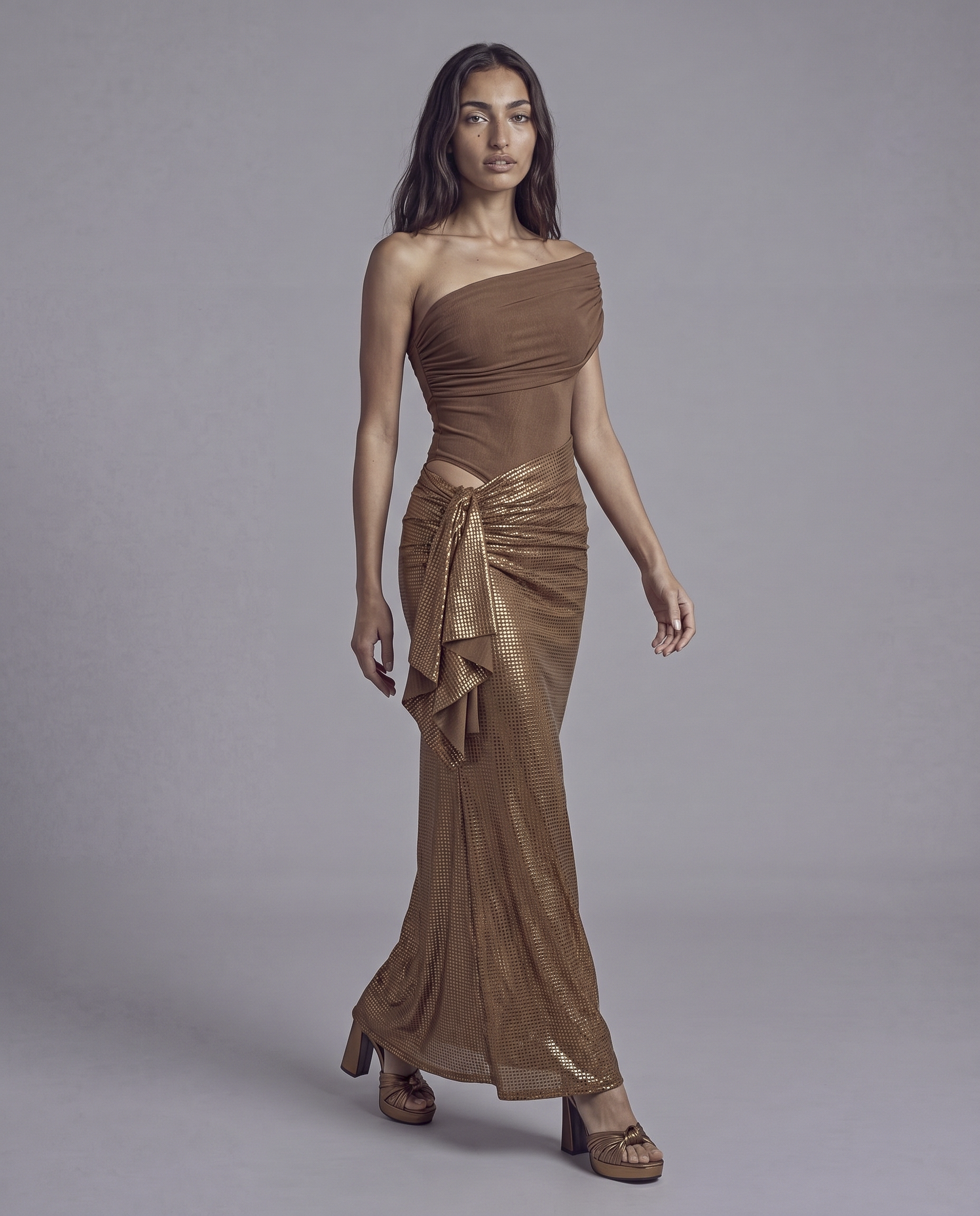 One Shoulder Ruched Maxi Dress with Metallic Wrap Skirt Detail