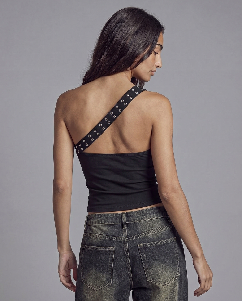 One Shoulder Stud Strap Buckle Top