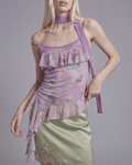 Sheer Ruffle Tie Dye Asymmetrical Top with Scarf