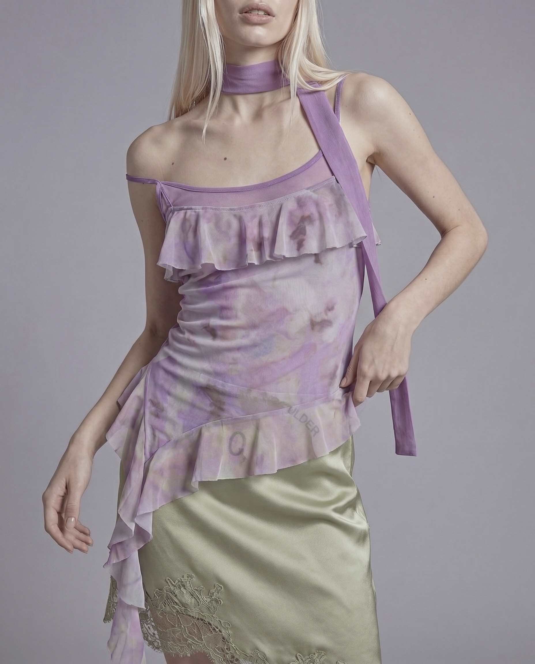 Sheer Ruffle Tie Dye Asymmetrical Top with Scarf