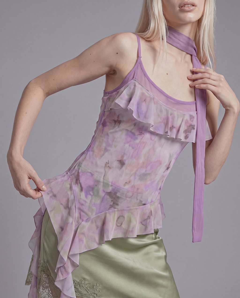 Sheer Ruffle Tie Dye Asymmetrical Top with Scarf