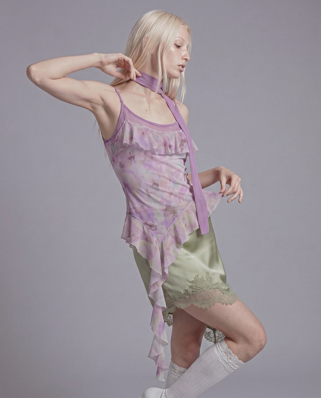 Sheer Ruffle Tie Dye Asymmetrical Top with Scarf