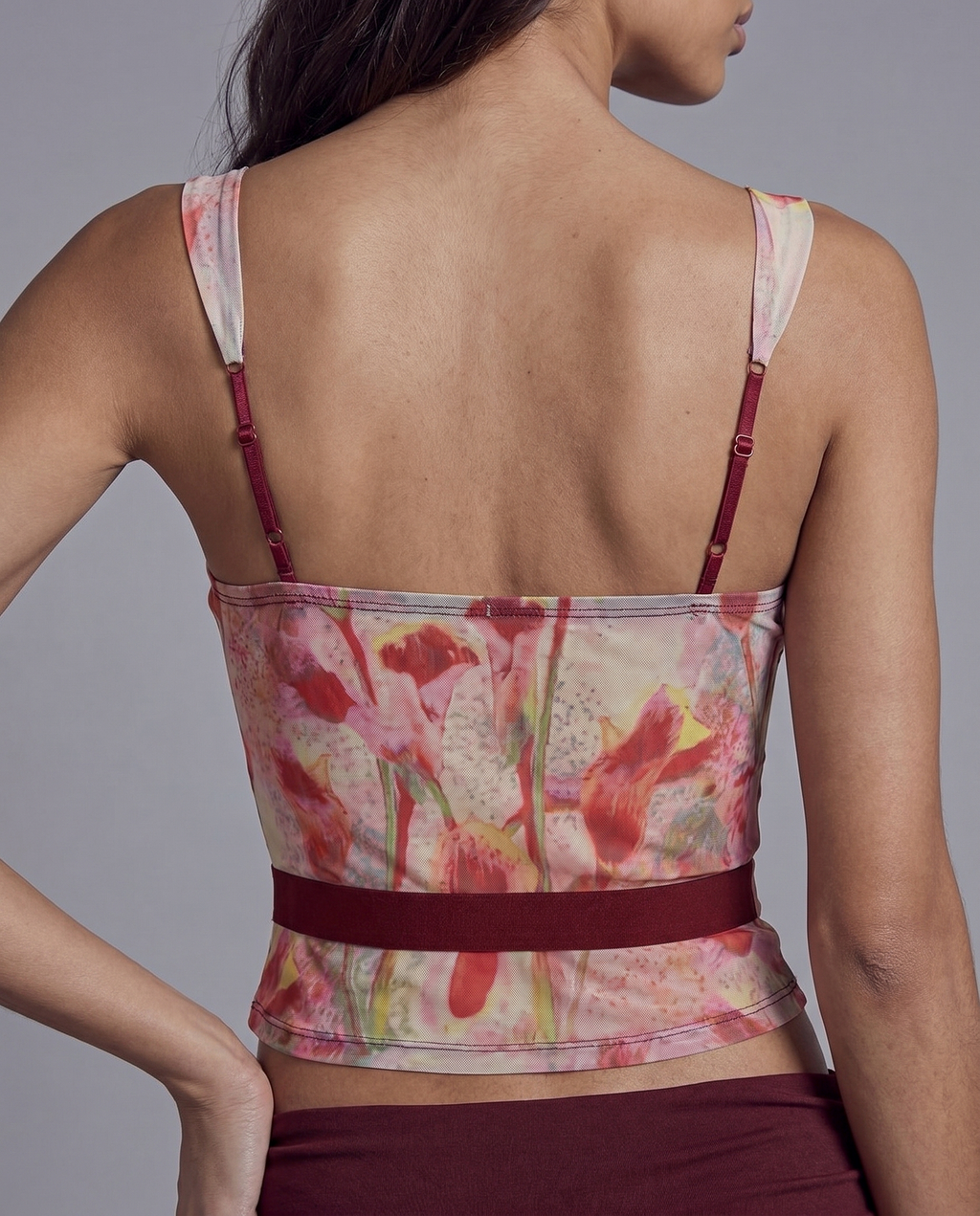 Floral Corset Top with Contrast Mock Boning