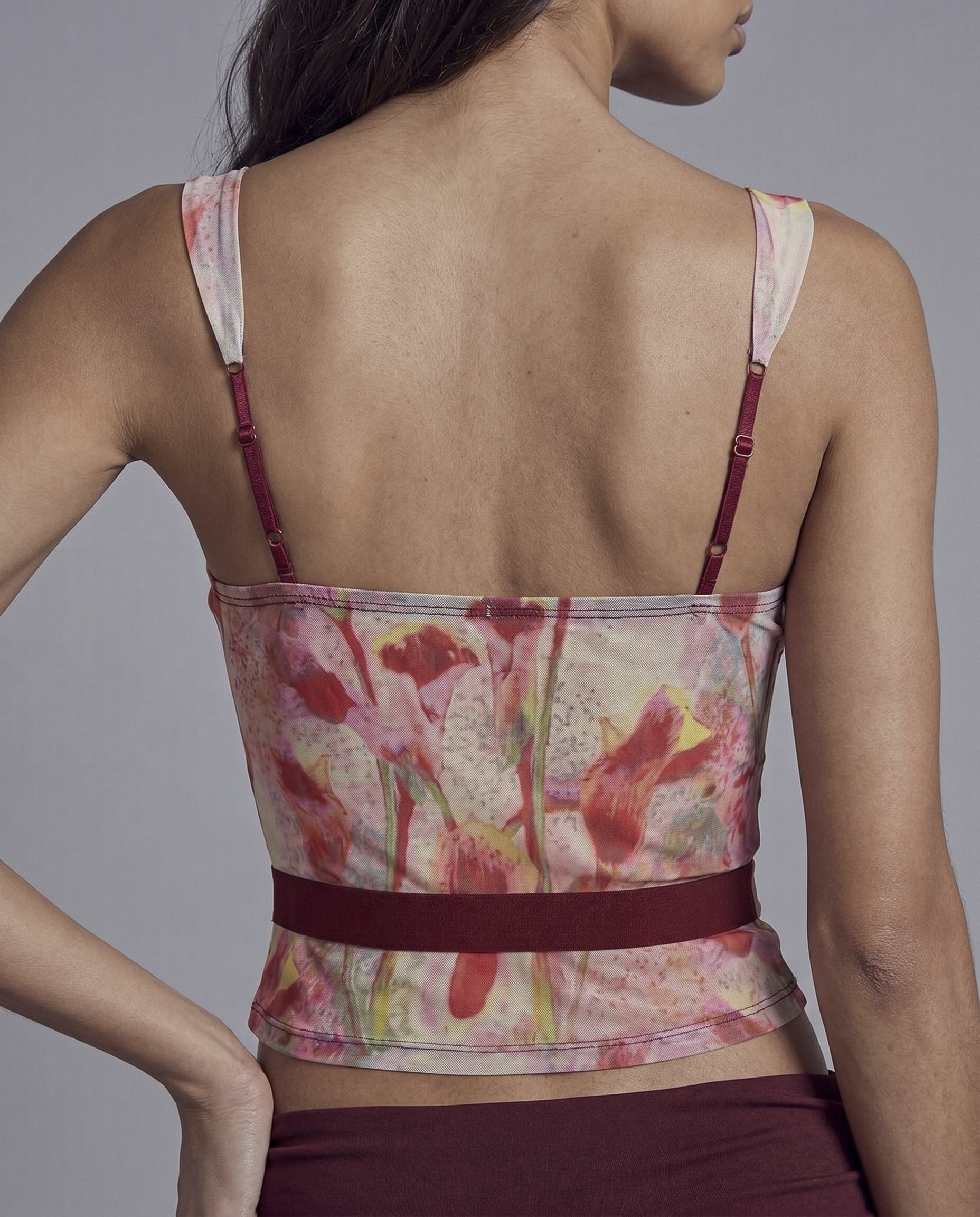 Floral Corset Top with Contrast Mock Boning