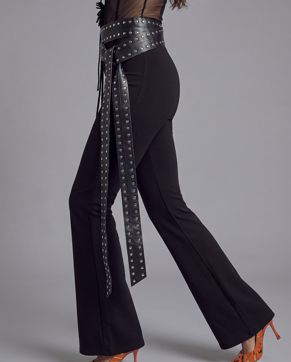 High Waist Flare Pants with Studded Wrap Belt