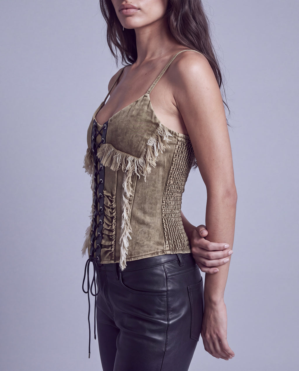 Lace Up Fringe Corset Cami Top with Smocked Back