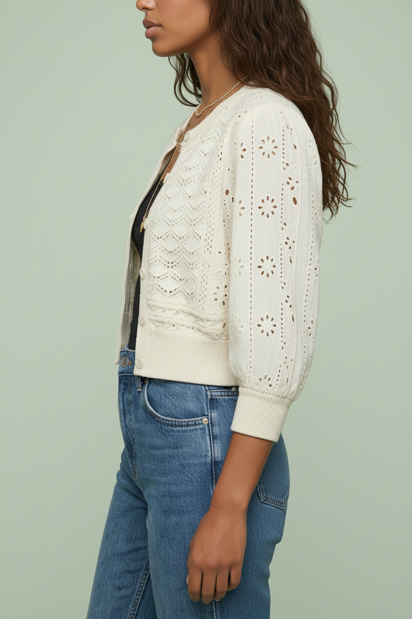 Cropped Eyelet Knit Button Cardigan