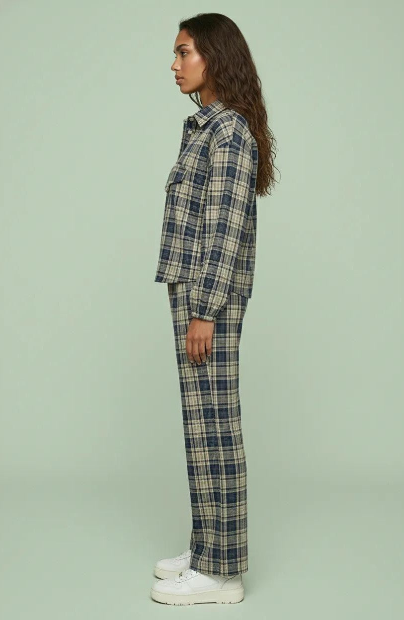 Oversized Plaid Pullover Shirt and Wide Leg Pant Set