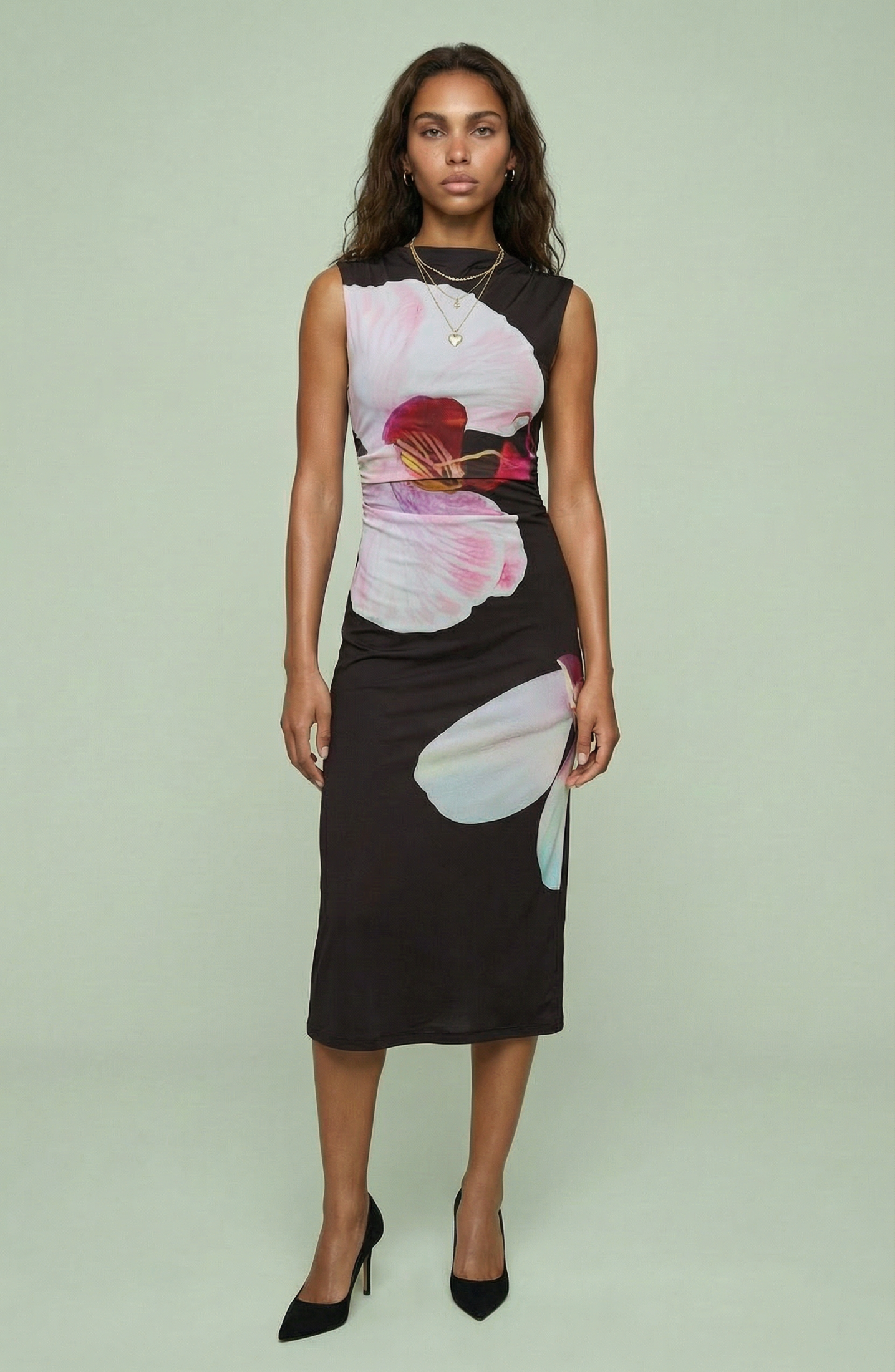 Abstract Floral Sleeveless Midi Dress with Asymmetric Silhouette