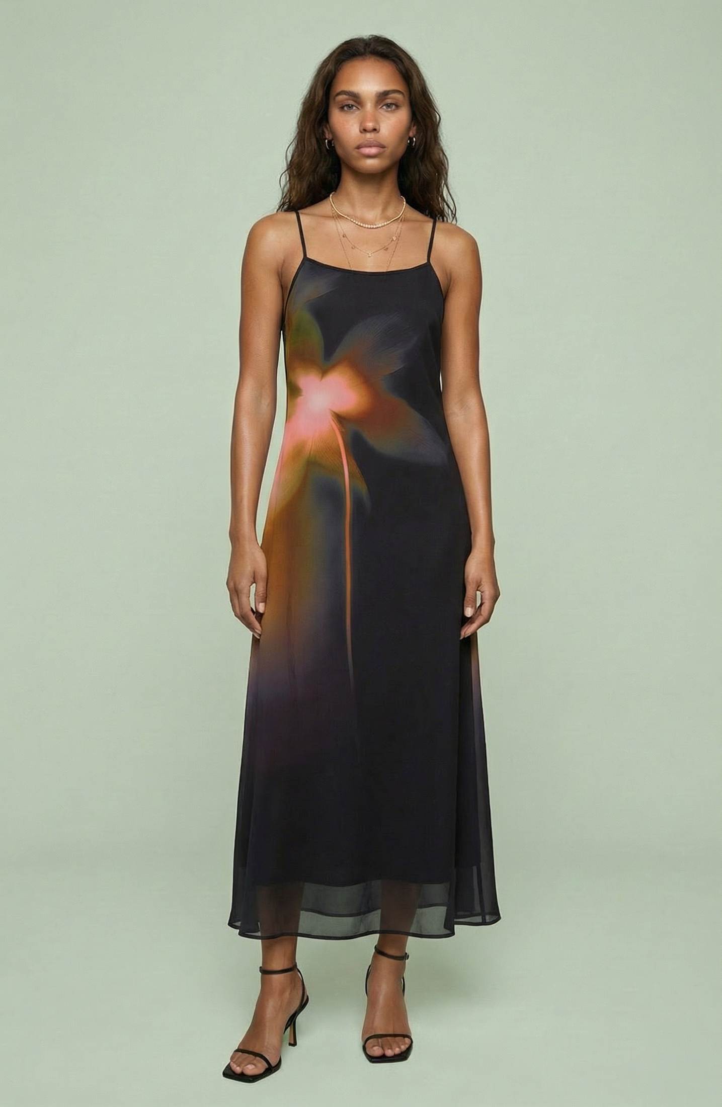 Abstract Floral Slip Midi Dress with Sheer Overlay