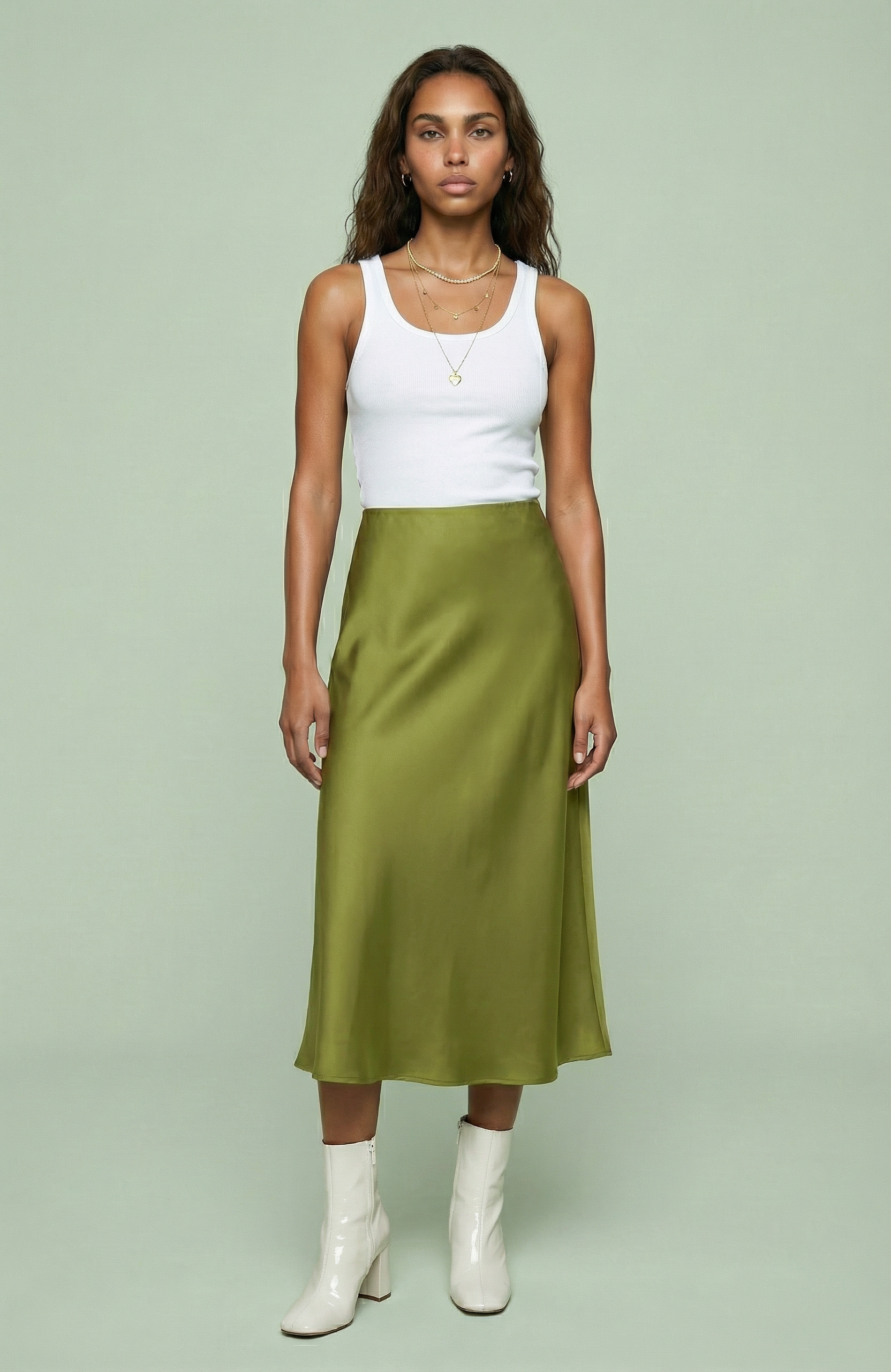 Satin Midi Slip Skirt with Fluid Drape