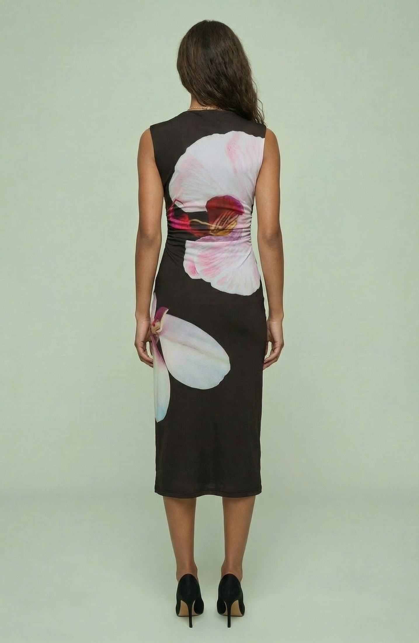 Abstract Floral Sleeveless Midi Dress with Asymmetric Silhouette